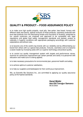 QUALITY & PRODUCT - FOOD ASSURANCE POLICY
