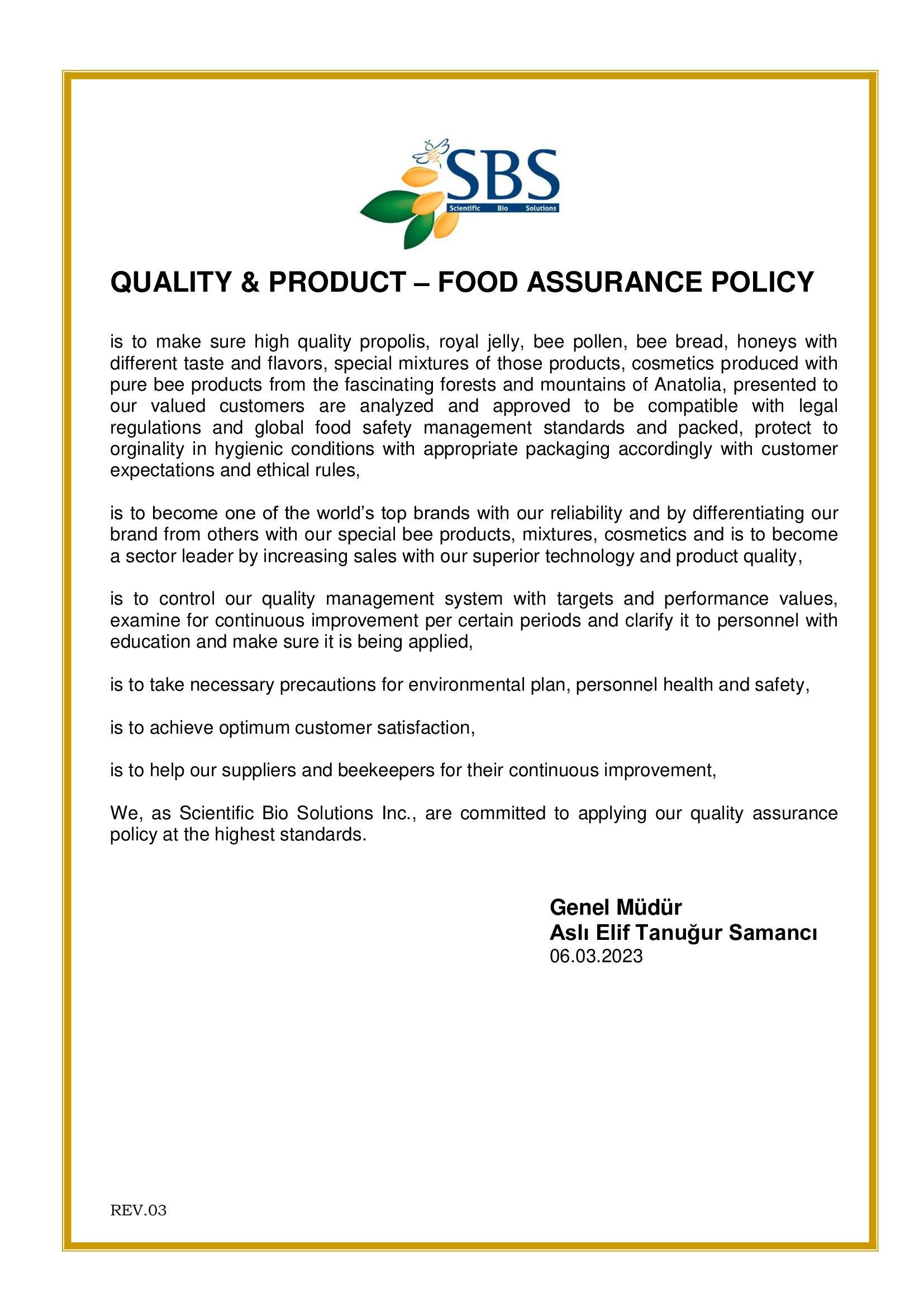 QUALITY & PRODUCT - FOOD ASSURANCE POLICY