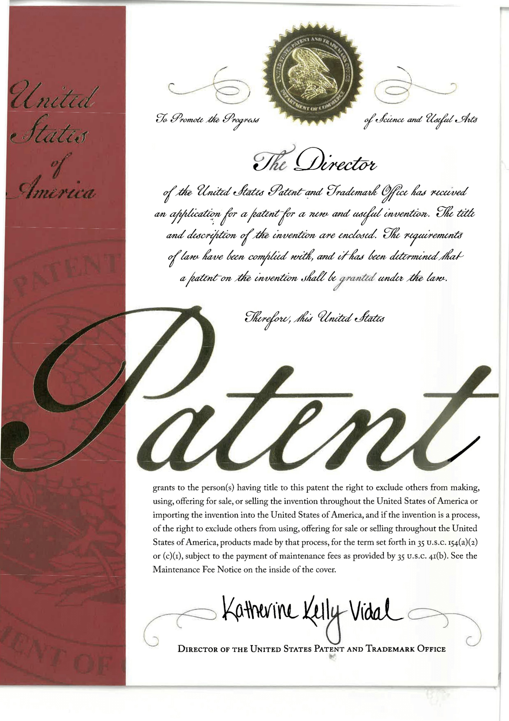 US Patent Certificate