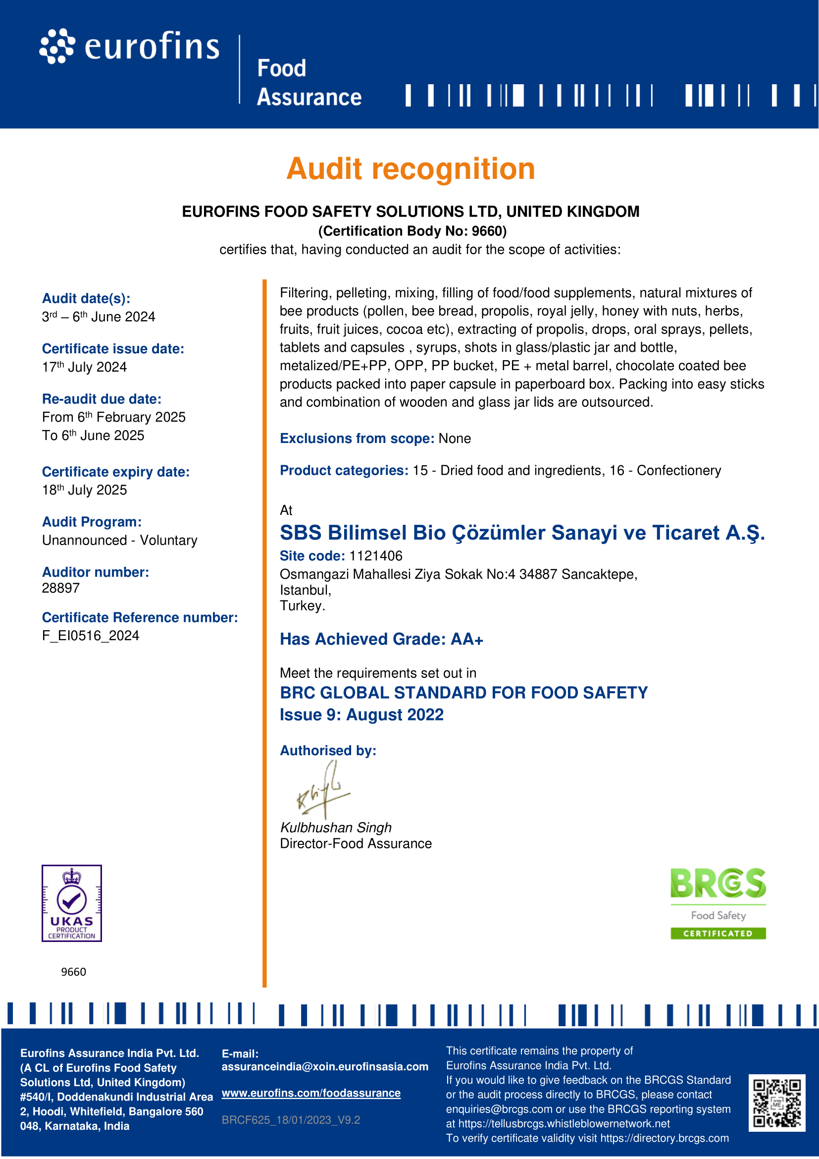 BRCGS GLOBAL STANDARD Certificate 2024
