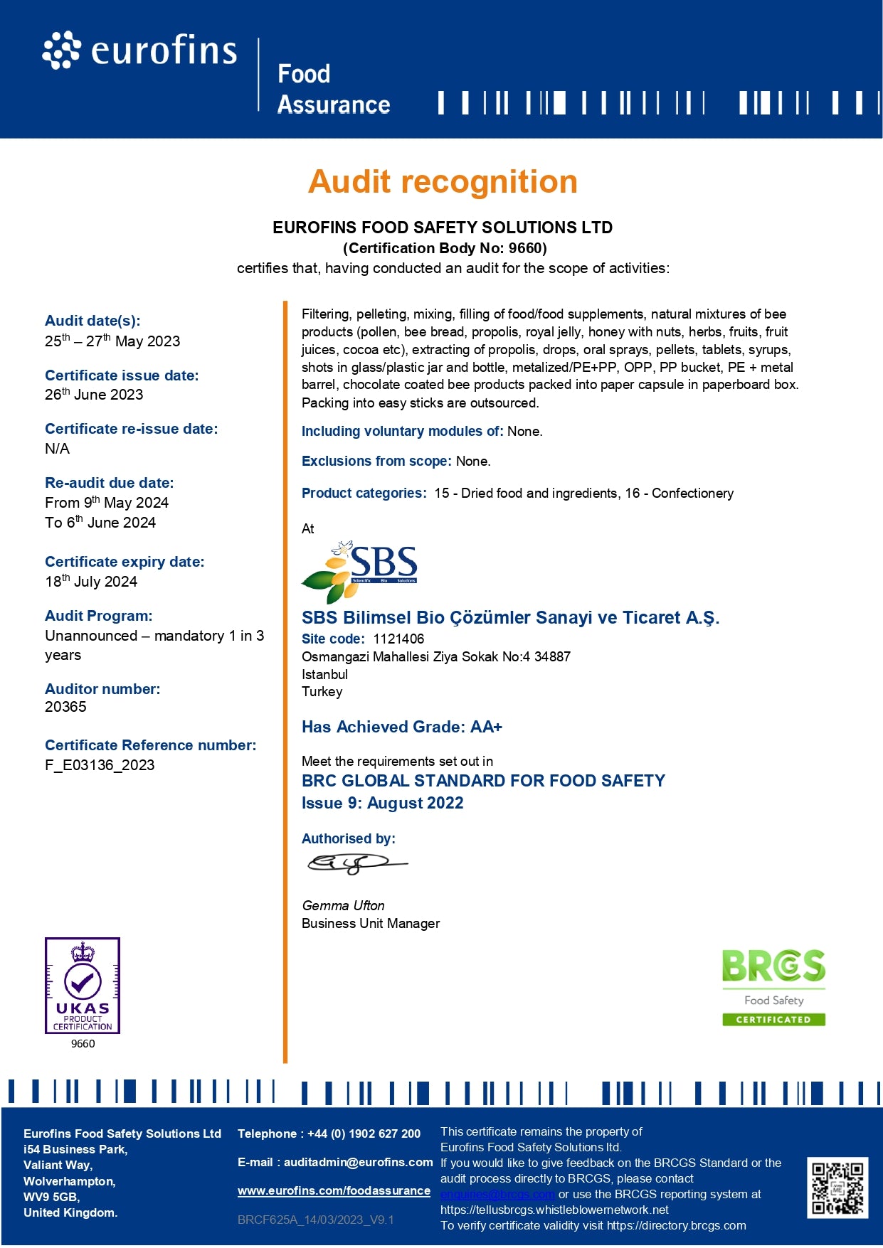 BRC Certificate – BEE&YOU