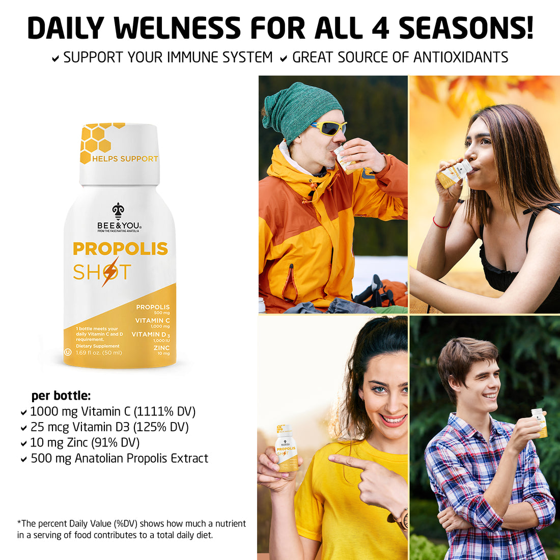 Propolis+VitC+VitD3+Zinc Immune Support Shot Drink for Adults x 12