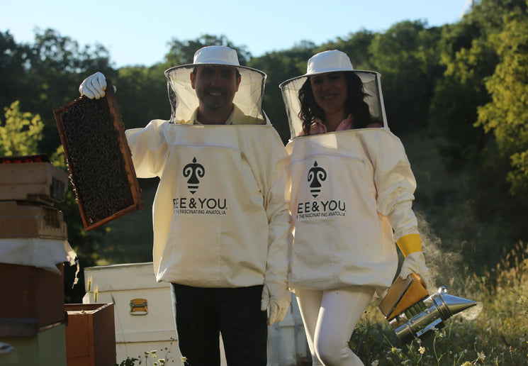 Anatolian landscape with bees and botanical plants representing BEE&YOU’s use of Anatolia’s biodiversity, bee products, and scientific research.